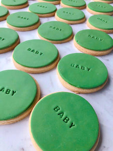 fondant cookies, green, circular for baby shower